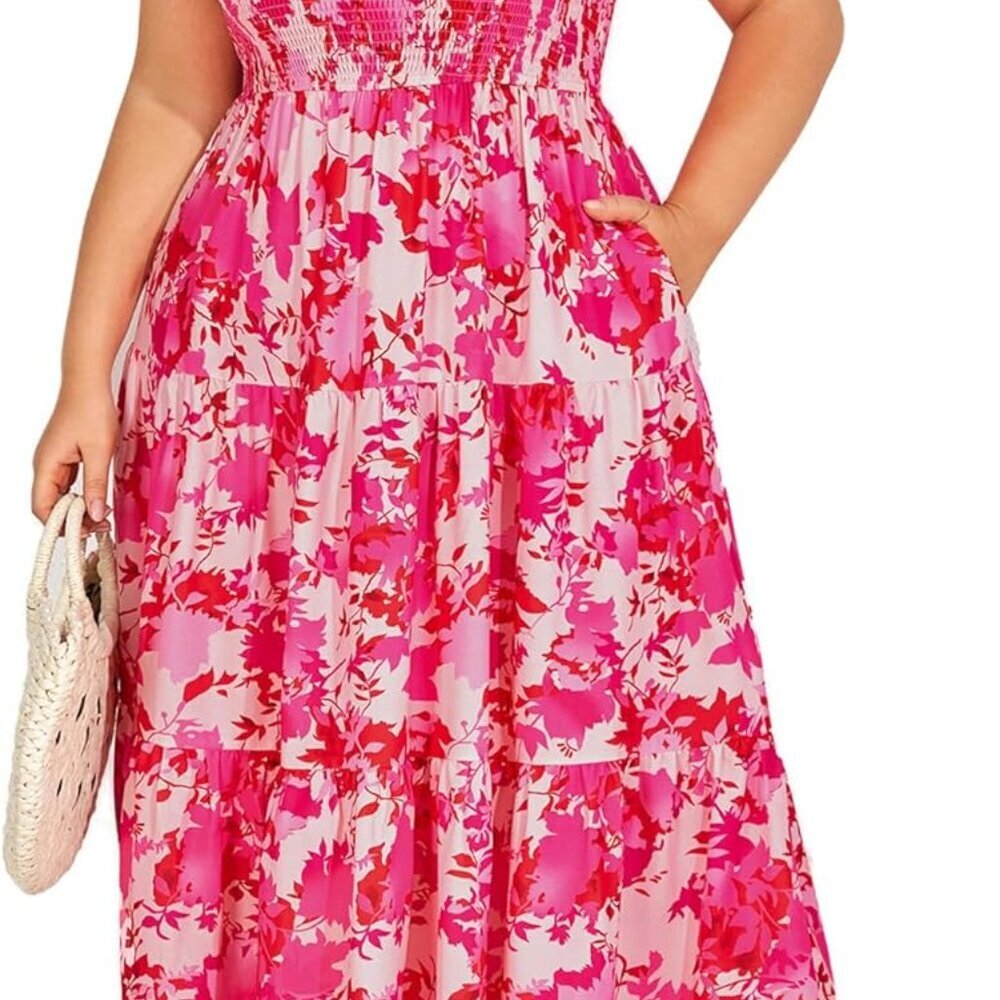 Plus Size Summer Casual Maxi Dress with Pockets Crew Neck Smocked